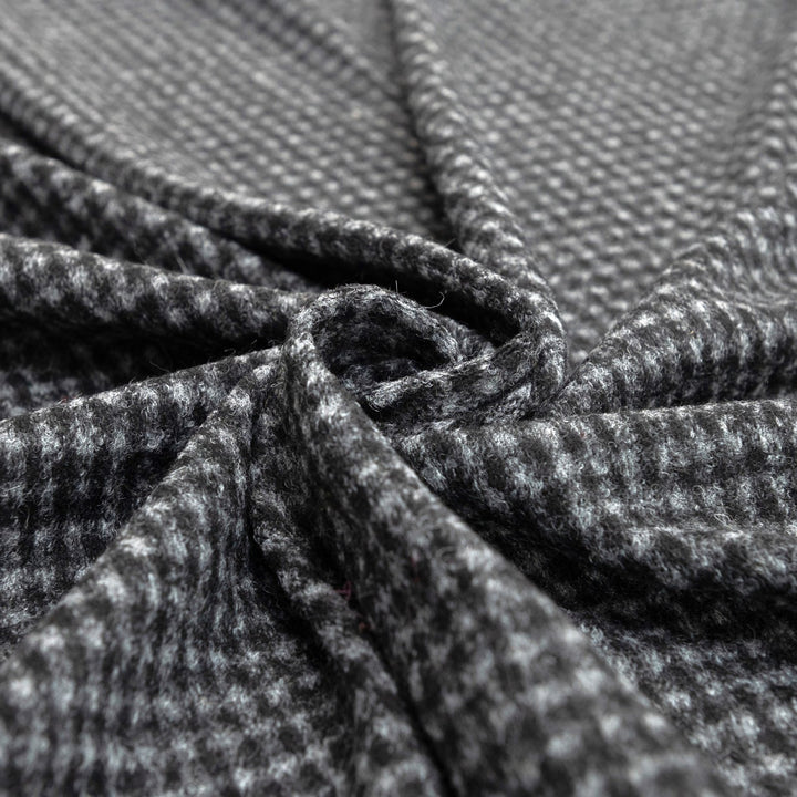 Black and Gray Checked Boiled Wool Fabric - Italian-Crafted Wool Blend for Tailored Coats & Jackets