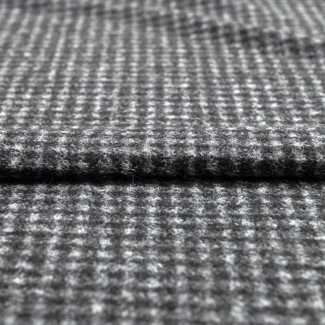 Black and Gray Checked Boiled Wool Fabric - Italian-Crafted Wool Blend for Tailored Coats & Jackets