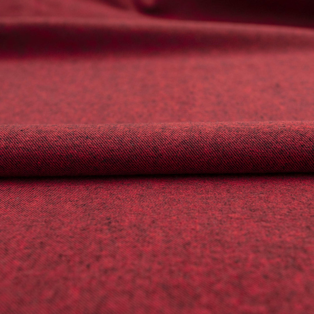 Red and black woven cotton flannel fabric - heathered medium-weight textile for shirts and loungewear