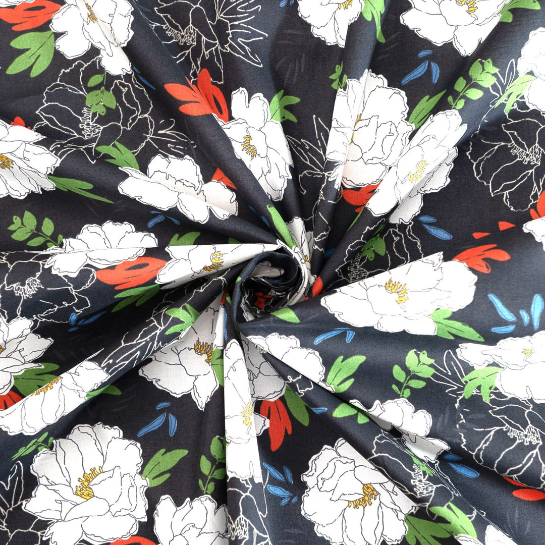 Japanese Cotton Fabric Peony Floral Navy by Kokka