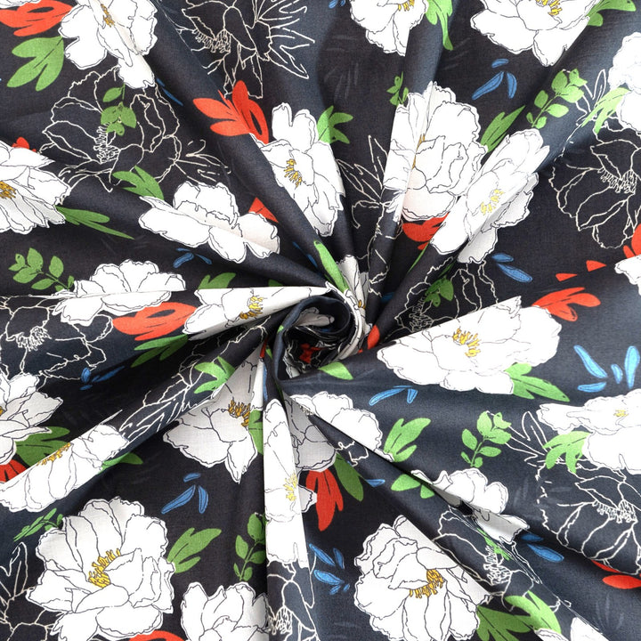 Japanese Cotton Fabric Peony Floral Navy by Kokka