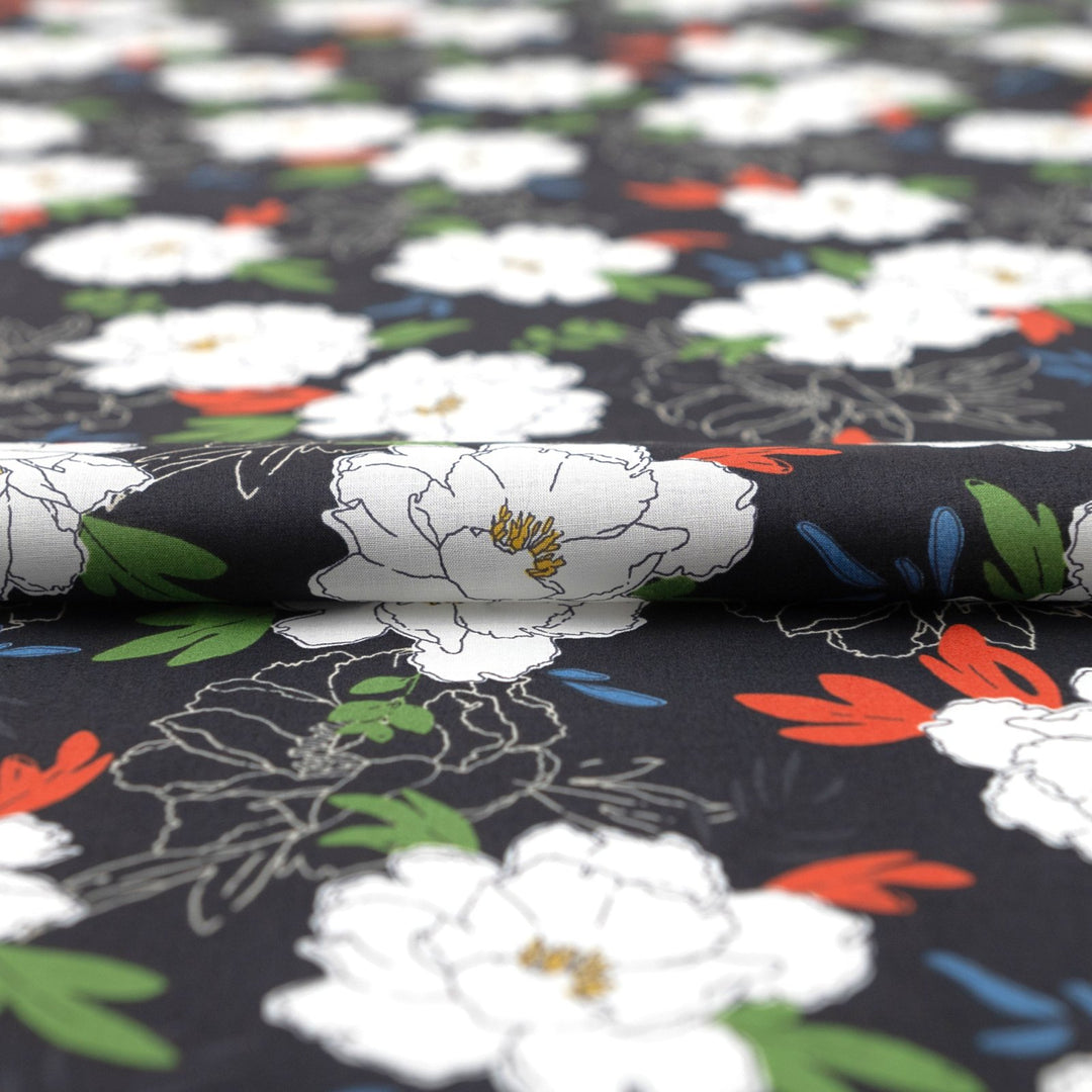 Japanese Cotton Fabric Peony Floral Navy by Kokka