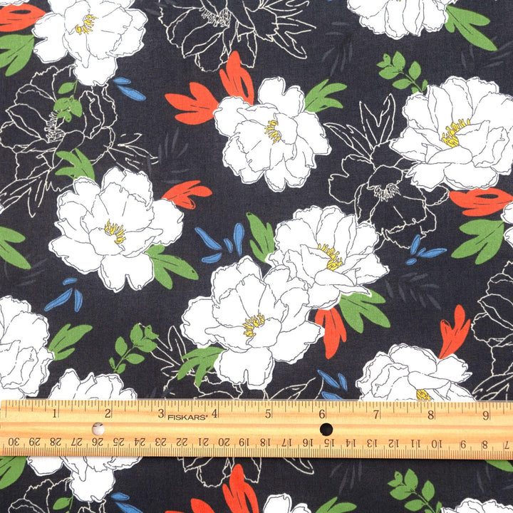 Japanese Cotton Fabric Peony Floral Navy by Kokka