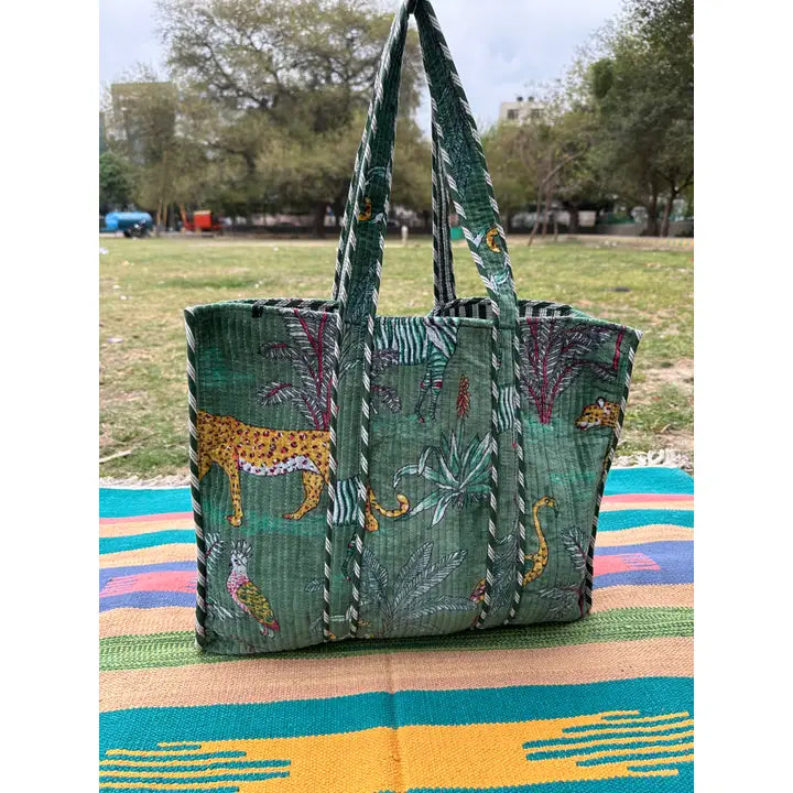 Quilted Velvet Market Bag - Jungle Green (Reversible)