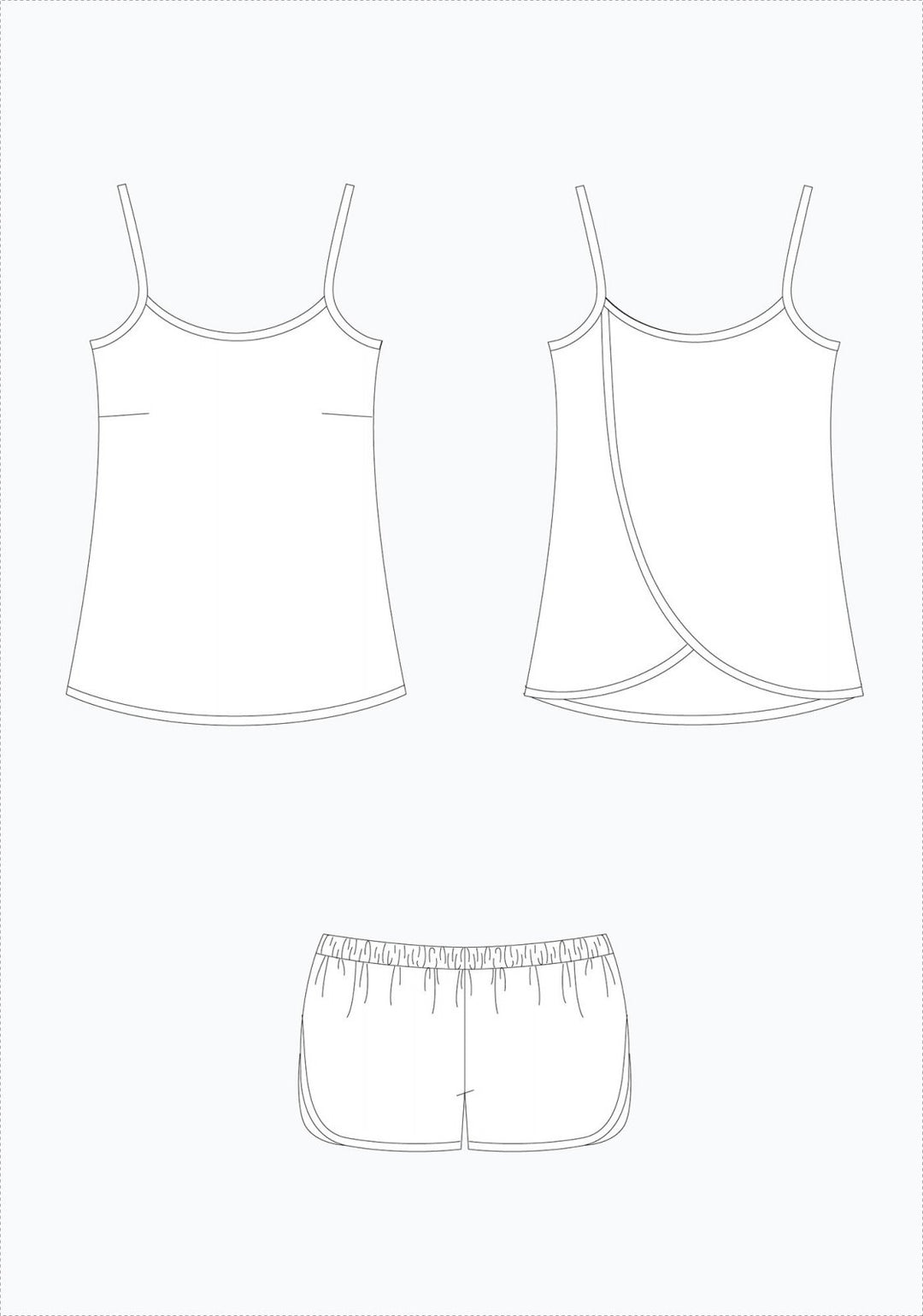 Grainline Studio Lakeside Pajamas sewing pattern with spaghetti strap split-back tank and gym-style shorts in lightweight fabrics