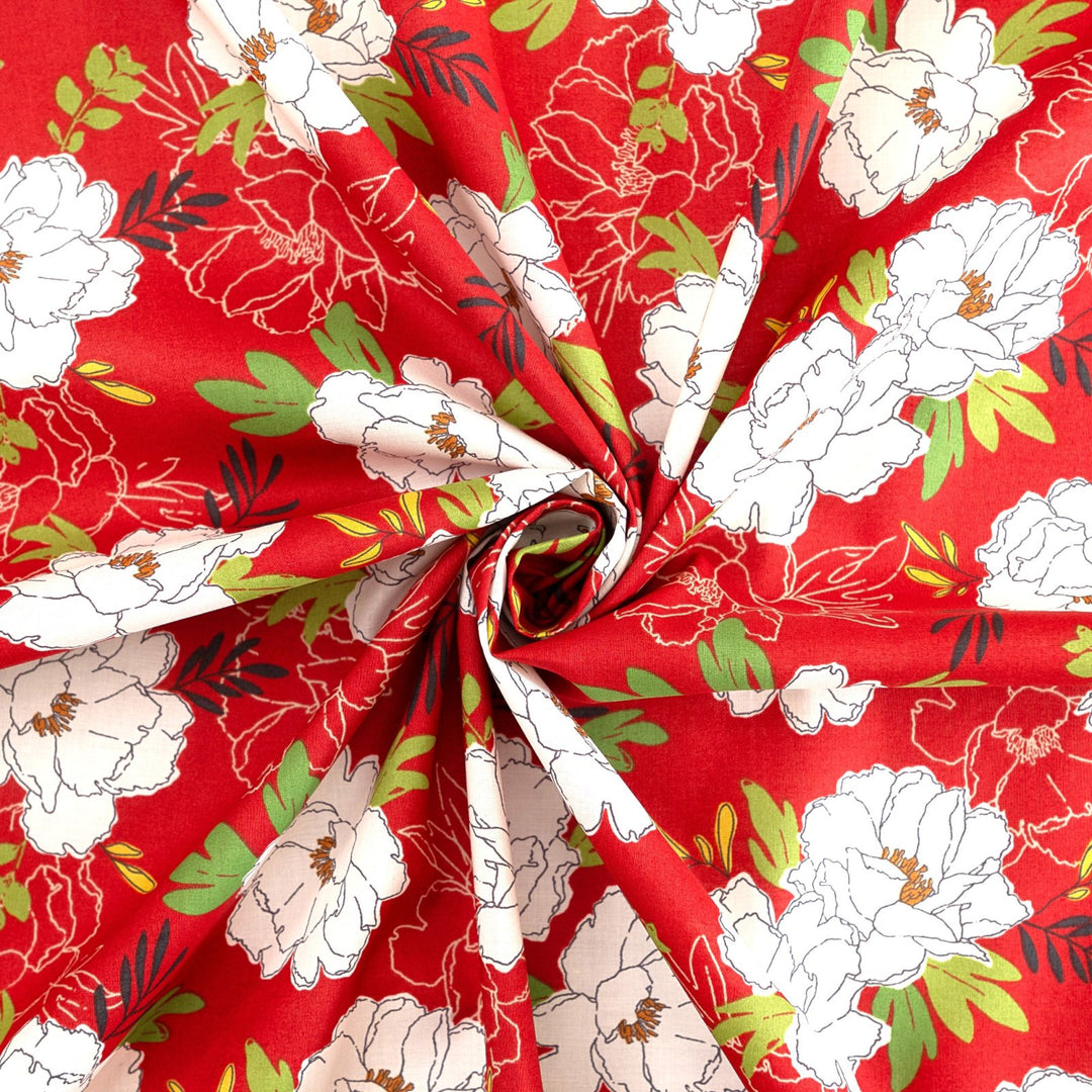 Japanese Cotton Peony Floral in Red by Kokka fabric – 100% cotton, white peonies on red background, ideal for dresses, blouses, and sewing projects