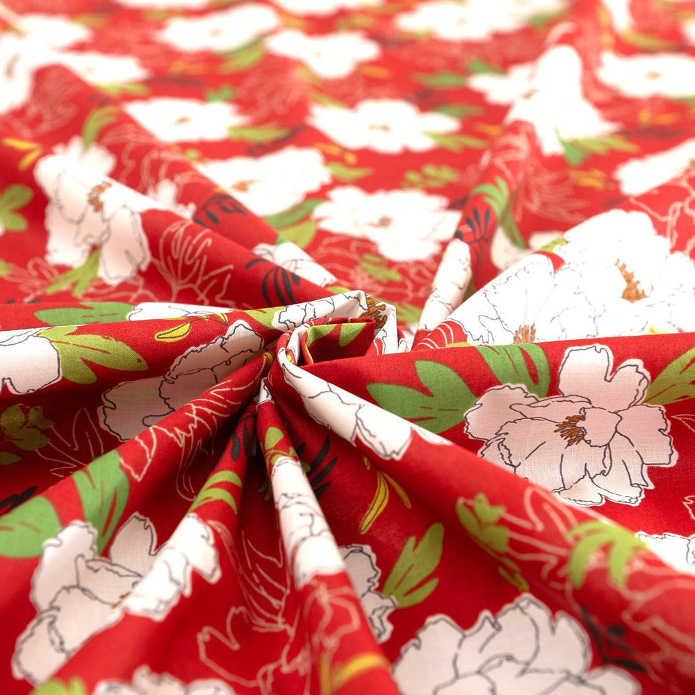 Japanese Cotton Peony Floral in Red by Kokka fabric – 100% cotton, white peonies on red background, ideal for dresses, blouses, and sewing projects