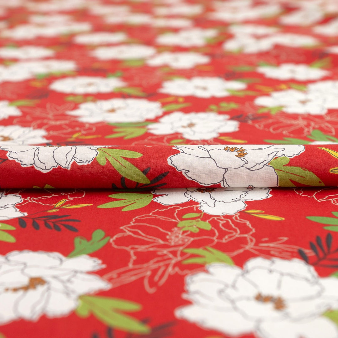 Japanese Cotton Peony Floral in Red by Kokka fabric – 100% cotton, white peonies on red background, ideal for dresses, blouses, and sewing projects