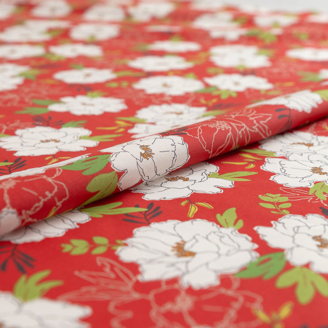 Japanese Cotton Peony Floral in Red by Kokka fabric – 100% cotton, white peonies on red background, ideal for dresses, blouses, and sewing projects