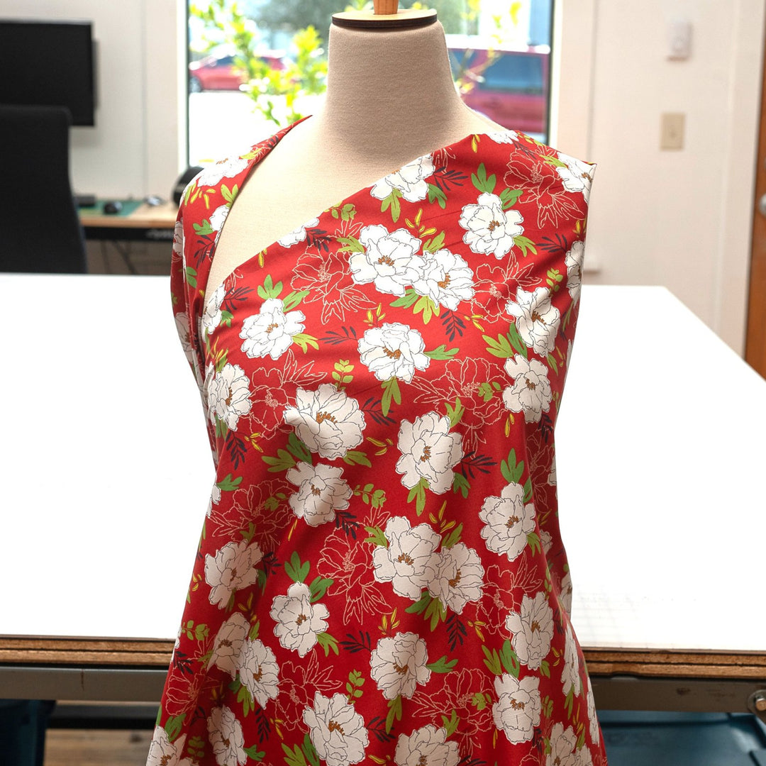 Japanese Cotton Peony Floral in Red by Kokka fabric – 100% cotton, white peonies on red background, ideal for dresses, blouses, and sewing projects