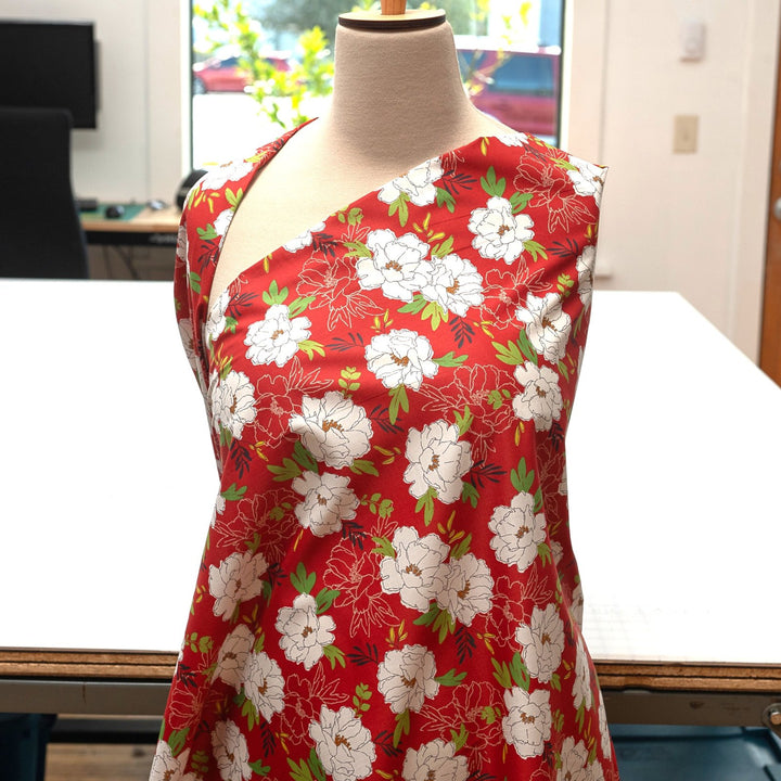 Japanese Cotton Peony Floral in Red by Kokka fabric – 100% cotton, white peonies on red background, ideal for dresses, blouses, and sewing projects