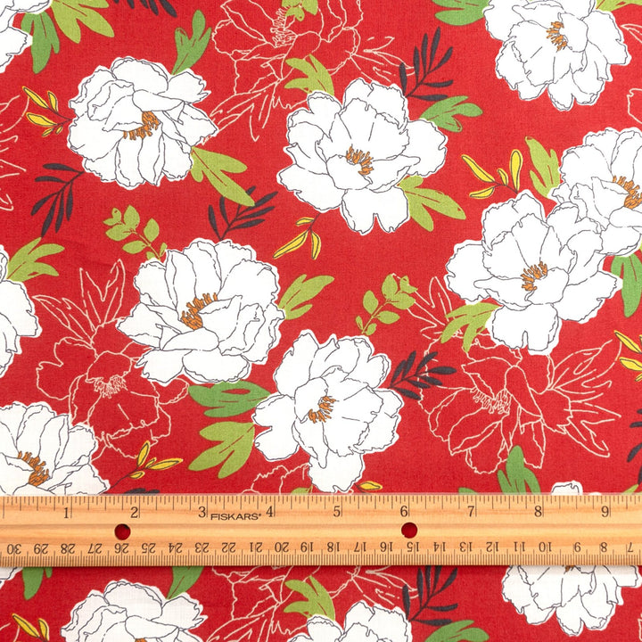 Japanese Cotton Peony Floral in Red by Kokka fabric – 100% cotton, white peonies on red background, ideal for dresses, blouses, and sewing projects