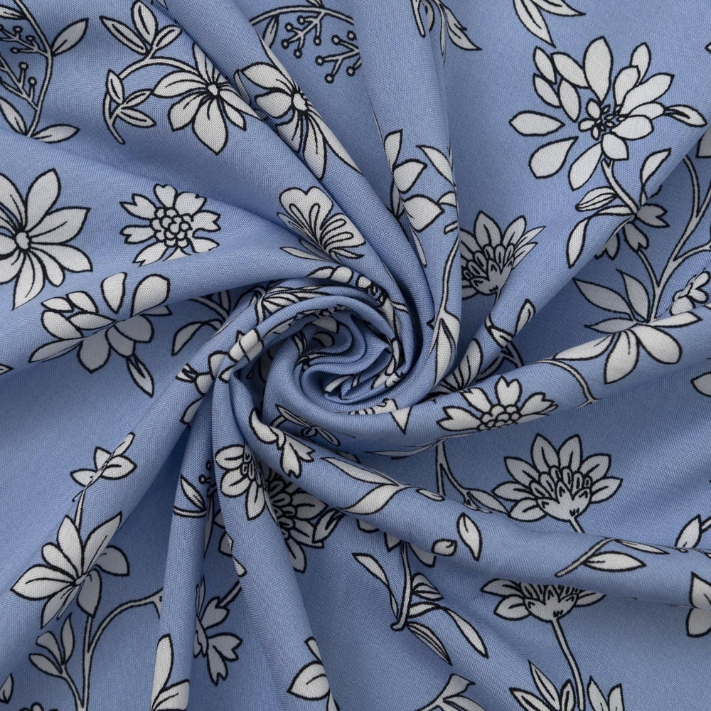 Rayon Challis Blooms on Porcelain Blue fabric, soft pastel floral print, 54 inches wide, lightweight sewing material for dresses and blouses