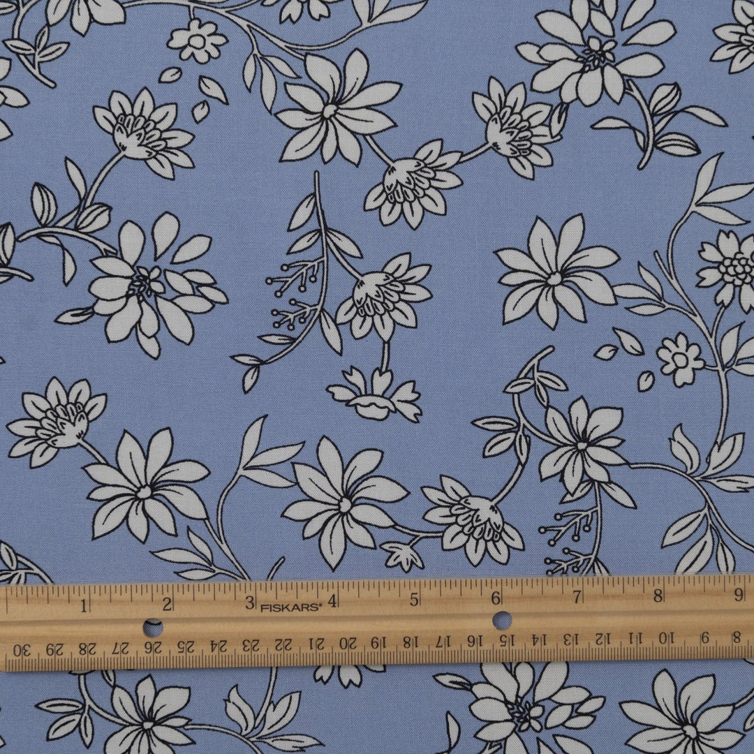 Rayon Challis Blooms on Porcelain Blue fabric, soft pastel floral print, 54 inches wide, lightweight sewing material for dresses and blouses