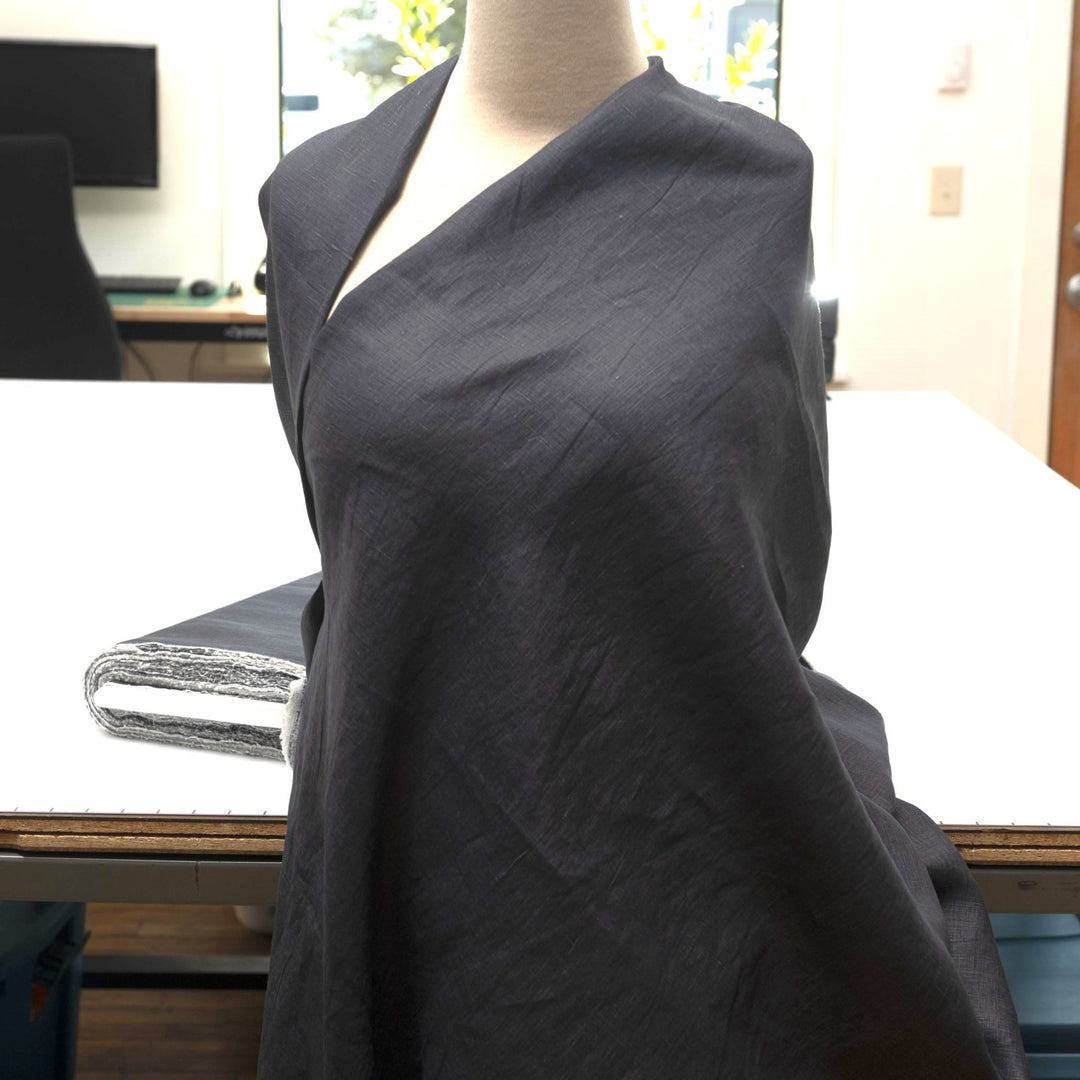 “Linen – Denim Blue fabric, 100% natural linen with soft drape, 52-inch width, ideal for dresses, skirts, blouses, and summer clothing.”
