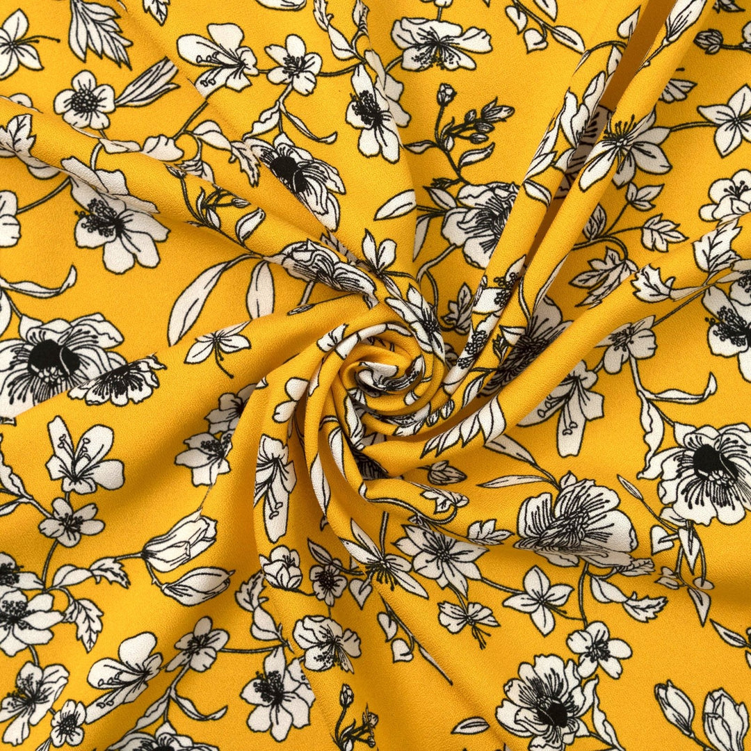 Viscose Crepe Fabric Blooms on Sunflower Yellow with White Floral Print