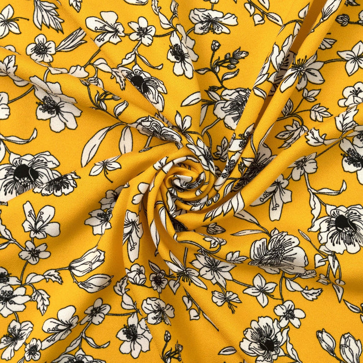 Viscose Crepe Fabric Blooms on Sunflower Yellow with White Floral Print
