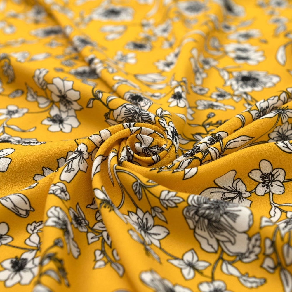 Viscose Crepe Fabric Blooms on Sunflower Yellow with White Floral Print
