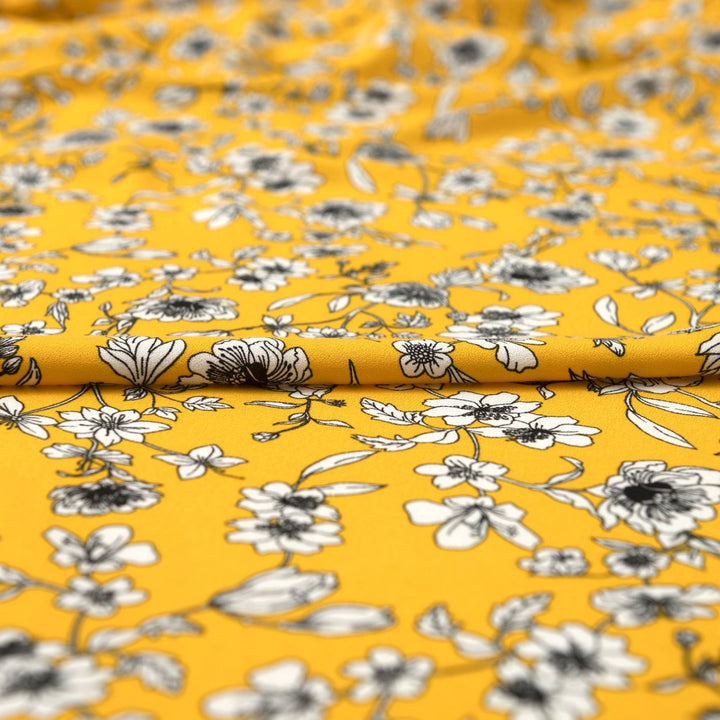 Viscose Crepe Fabric Blooms on Sunflower Yellow with White Floral Print