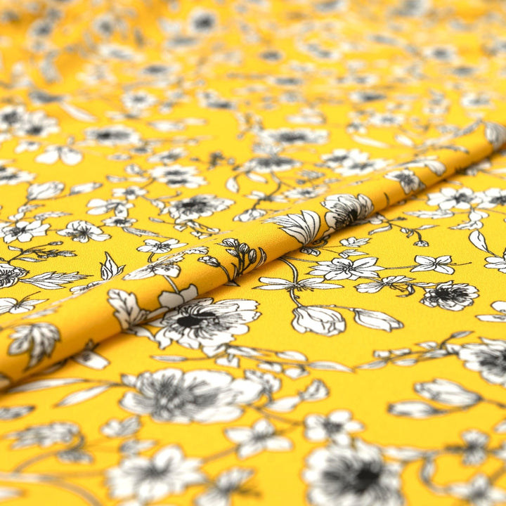 Viscose Crepe Fabric Blooms on Sunflower Yellow with White Floral Print