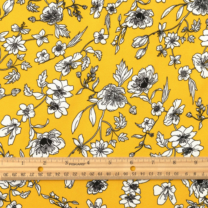 Viscose Crepe Fabric Blooms on Sunflower Yellow with White Floral Print