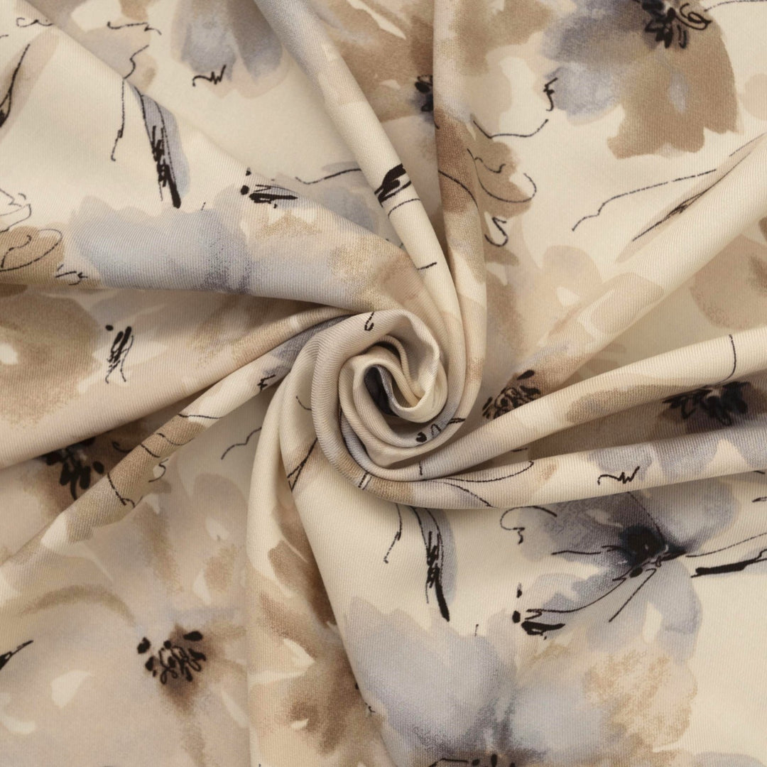 Rayon Taylor Twill Neutral Bloom fabric with tan and gray watercolor floral pattern, 54-inch width, OEKO-TEX certified