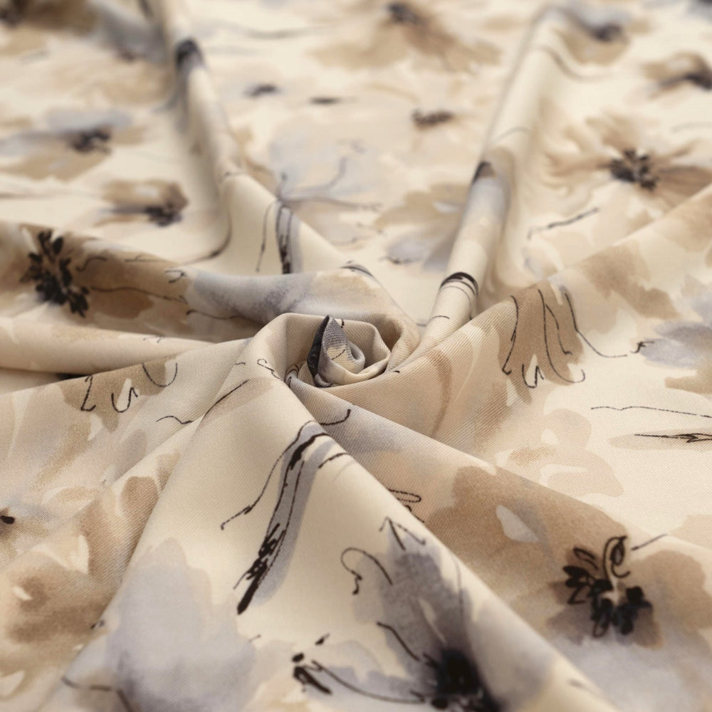 Rayon Taylor Twill Neutral Bloom fabric with tan and gray watercolor floral pattern, 54-inch width, OEKO-TEX certified