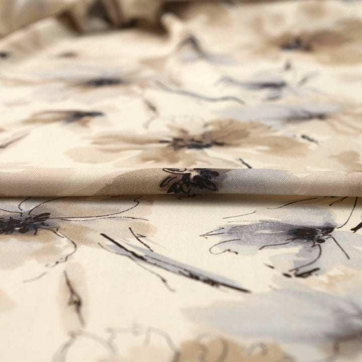 Rayon Taylor Twill Neutral Bloom fabric with tan and gray watercolor floral pattern, 54-inch width, OEKO-TEX certified