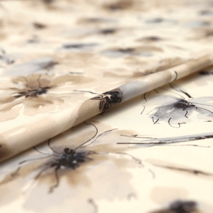 Rayon Taylor Twill Neutral Bloom fabric with tan and gray watercolor floral pattern, 54-inch width, OEKO-TEX certified