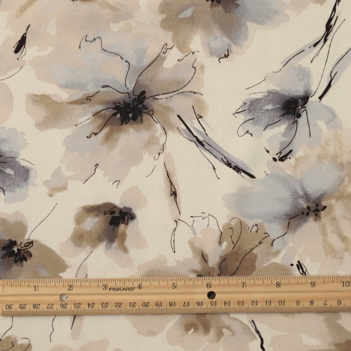 Rayon Taylor Twill Neutral Bloom fabric with tan and gray watercolor floral pattern, 54-inch width, OEKO-TEX certified