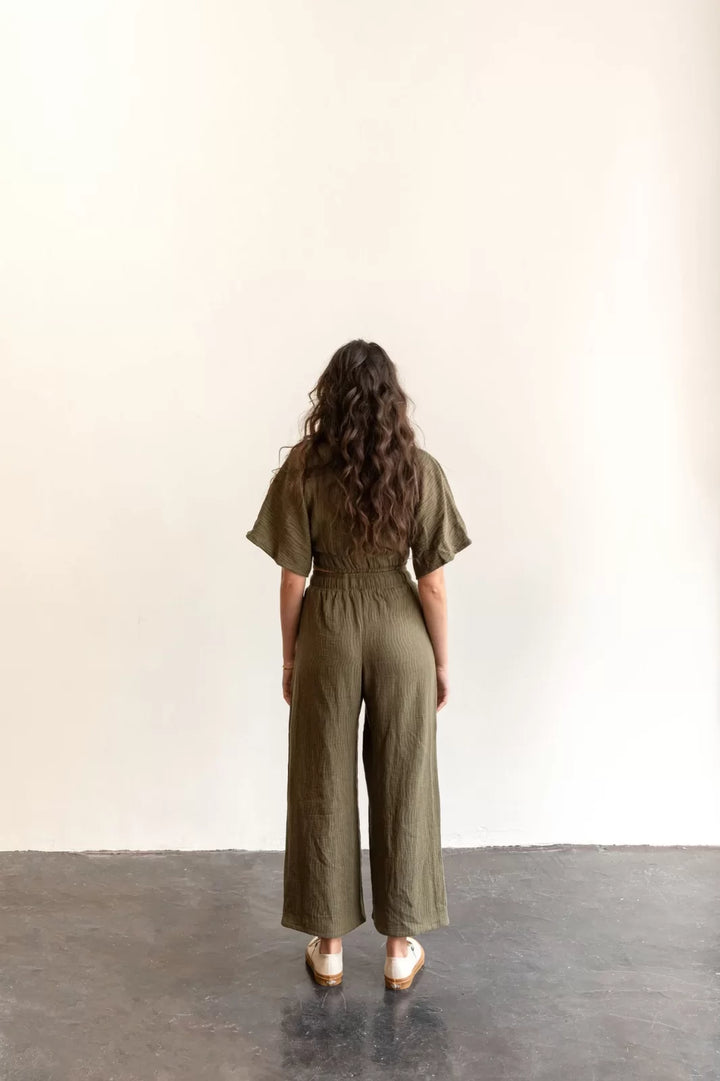 Friday Pattern Co. Saguaro Set sewing pattern featuring flowy pants with pockets and a reversible V-neck pullover top, sizes XS–7X.