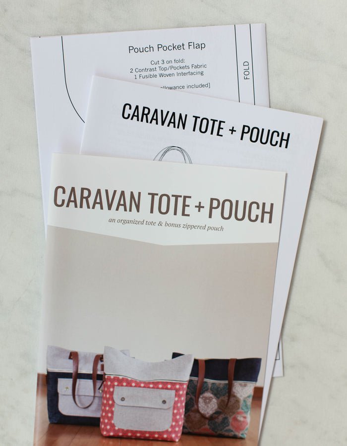 Noodlehead Caravan Tote and Pouch sewing pattern for DIY knitting bag with zippered pockets and matching accessory