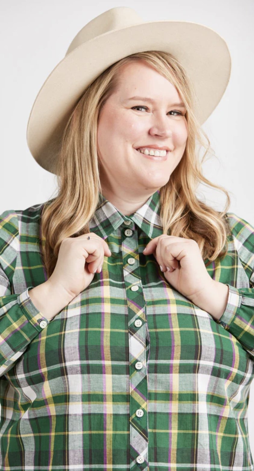Cashmerette Vernon Shirt sewing pattern featuring classic and fashion-forward button-up styles with curve-friendly fit, sizes 0–32.