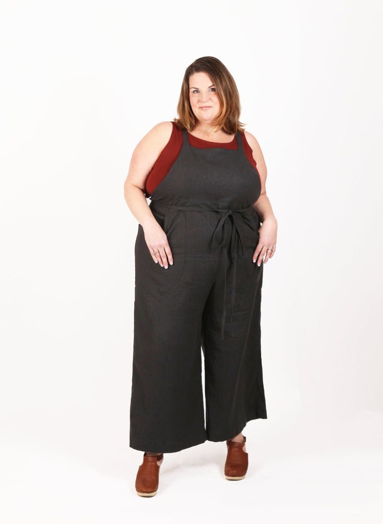 Sew House Seven Burnside Bibs Curvy Fit sewing pattern, scooped or straight front bib, cross-back straps, wide-leg pants