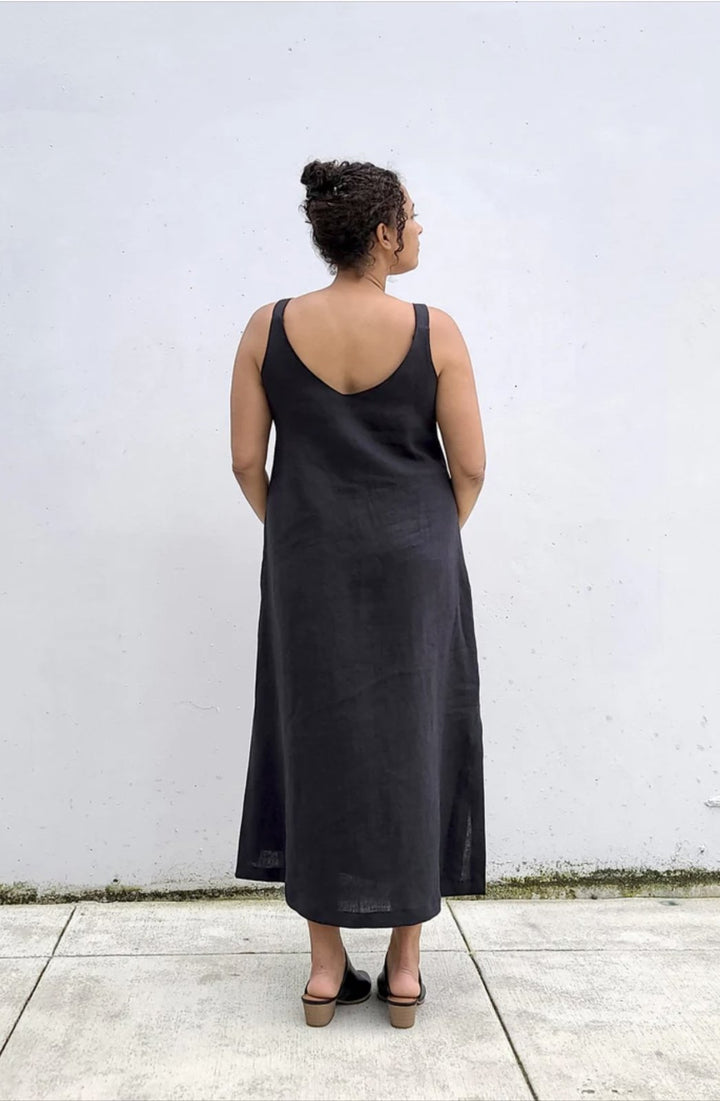 Sew House Seven Sauvie Sundress sewing pattern for standard sizes 00–20 with strappy V-neck design, pocket variations, and customizable lengths.