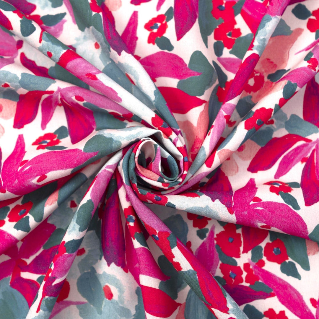 Pink Watercolor Floral Ecovero Viscose Fabric by Nerida Hansen, 55-inch wide, lightweight and sustainable sewing material