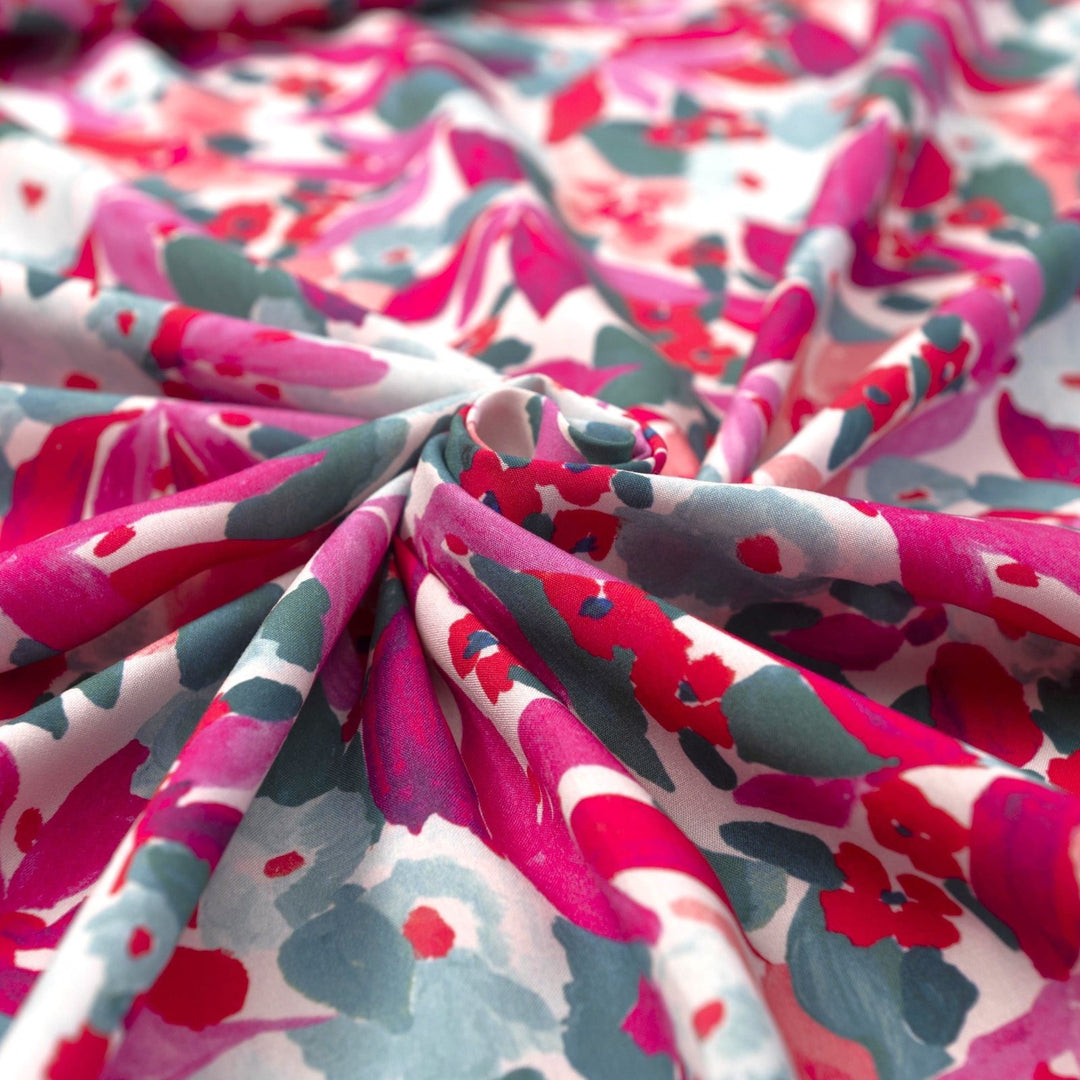 Pink Watercolor Floral Ecovero Viscose Fabric by Nerida Hansen, 55-inch wide, lightweight and sustainable sewing material