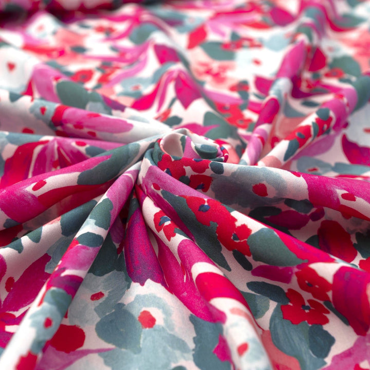 Pink Watercolor Floral Ecovero Viscose Fabric by Nerida Hansen, 55-inch wide, lightweight and sustainable sewing material