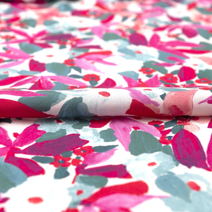 Pink Watercolor Floral Ecovero Viscose Fabric by Nerida Hansen, 55-inch wide, lightweight and sustainable sewing material