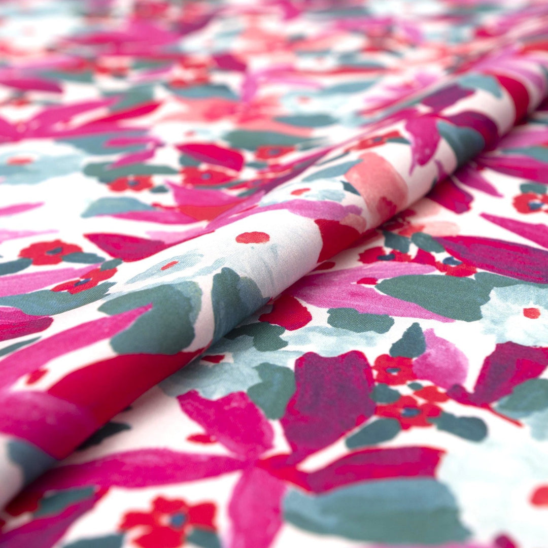 Pink Watercolor Floral Ecovero Viscose Fabric by Nerida Hansen, 55-inch wide, lightweight and sustainable sewing material