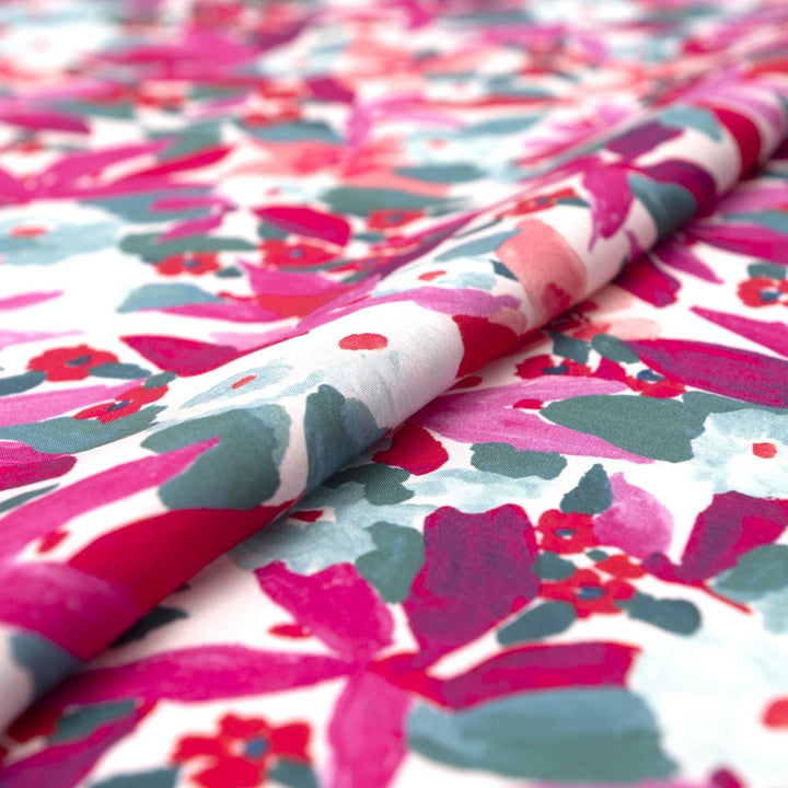 Pink Watercolor Floral Ecovero Viscose Fabric by Nerida Hansen, 55-inch wide, lightweight and sustainable sewing material