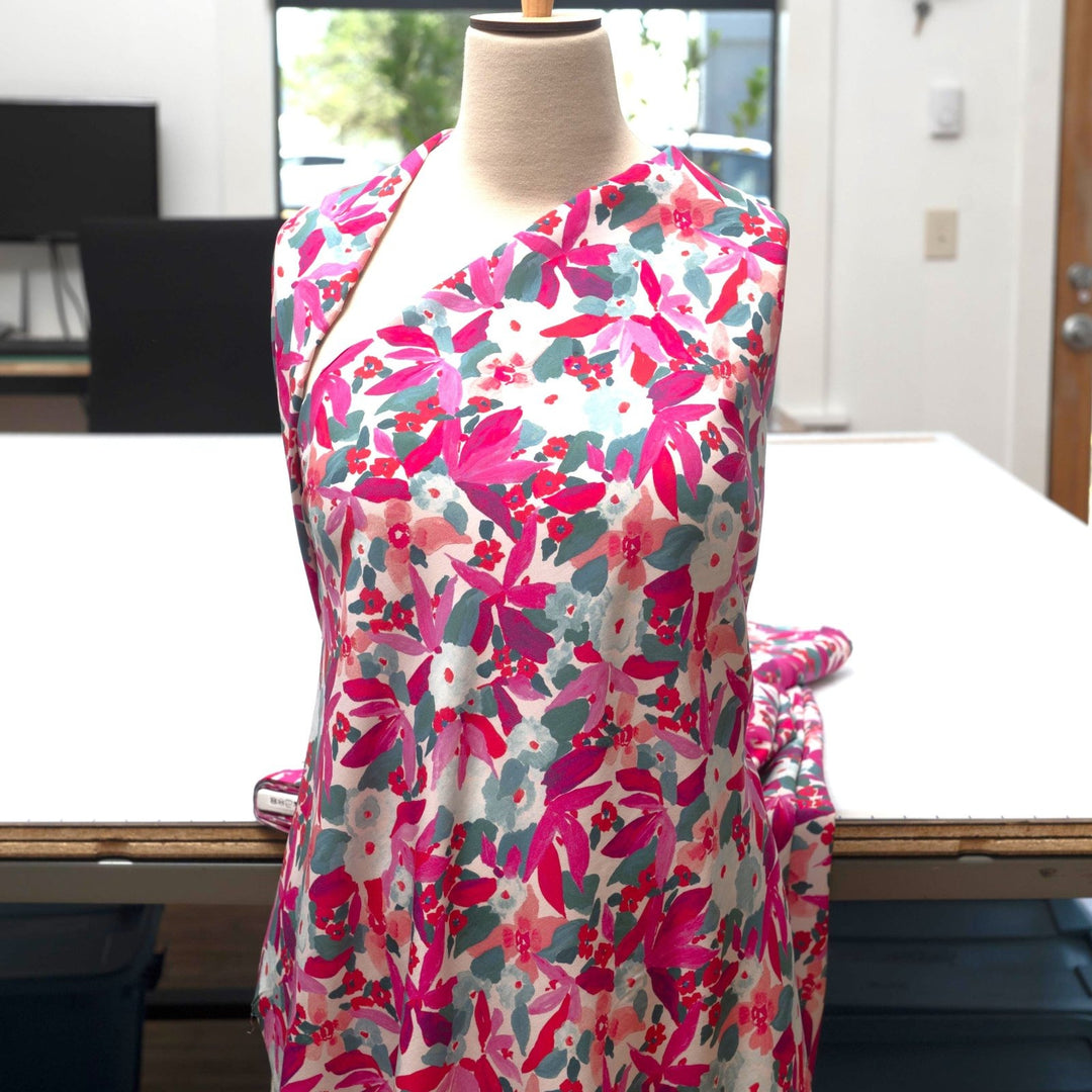 Pink Watercolor Floral Ecovero Viscose Fabric by Nerida Hansen, 55-inch wide, lightweight and sustainable sewing material