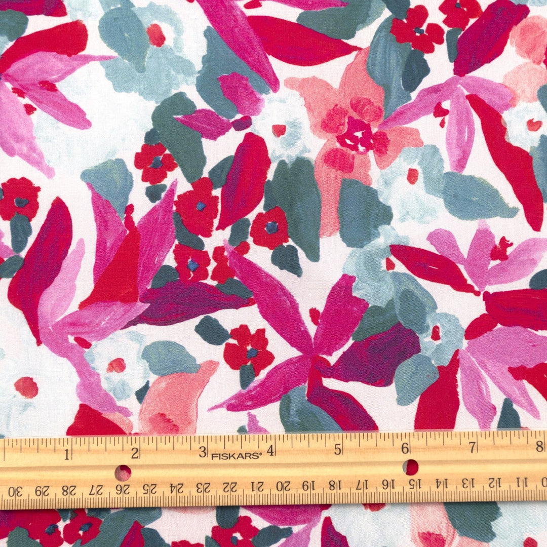 Pink Watercolor Floral Ecovero Viscose Fabric by Nerida Hansen, 55-inch wide, lightweight and sustainable sewing material