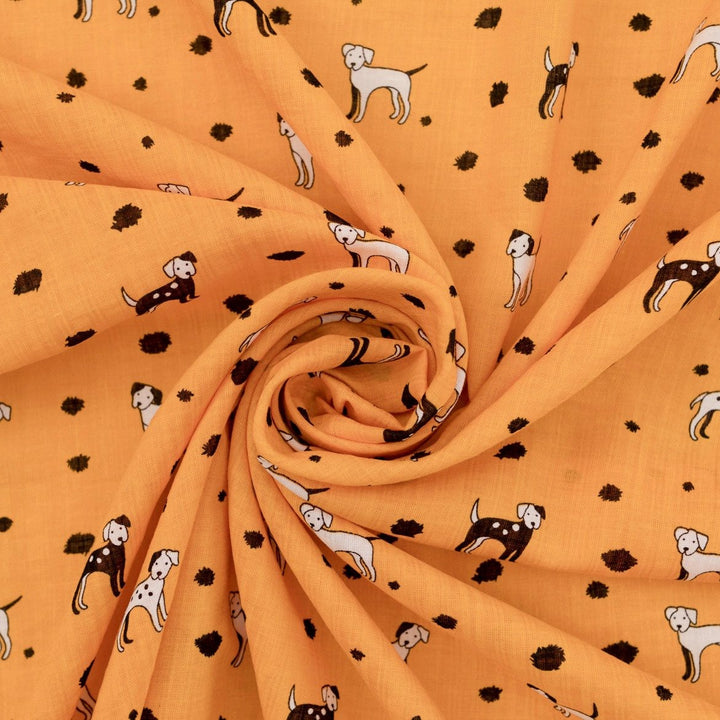 Rayon Cotton Voile fabric with playful black and white puppy print on sunshine yellow background, 50% rayon 50% cotton, 140cm width