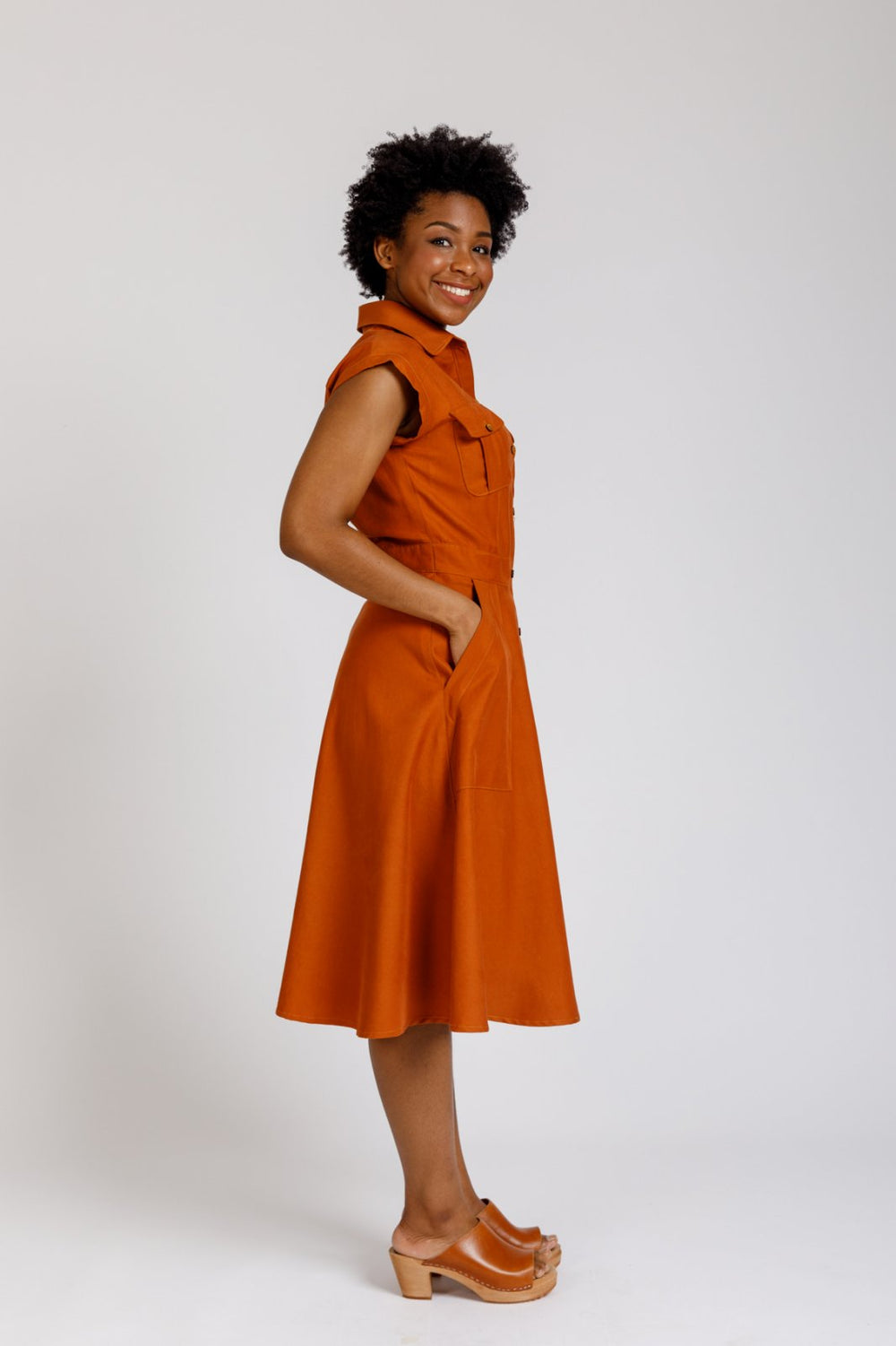 Megan Nielsen Matilda sewing pattern utility-style shirt dress with pleated pockets and A-line skirt