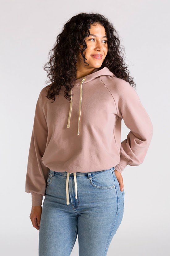 Chalk & Notch Page Hoodie sewing pattern cropped hooded sweatshirt with banded or drawstring hem and interchangeable sleeves