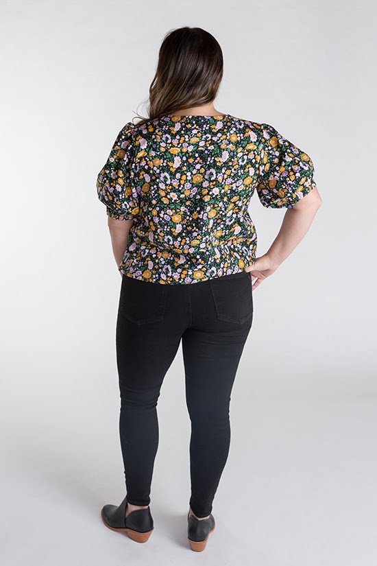 Chalk & Notch Wren Blouse & Dress sewing pattern with button-front and statement sleeves