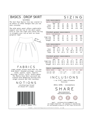 Cali Faye Collection Basics Drop Skirt sewing pattern with wide waist panel and A-line silhouette, suitable for lightweight woven fabrics