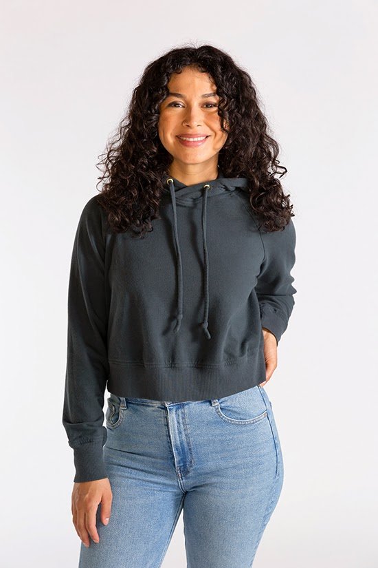 Chalk & Notch Page Hoodie sewing pattern cropped hooded sweatshirt with banded or drawstring hem and interchangeable sleeves
