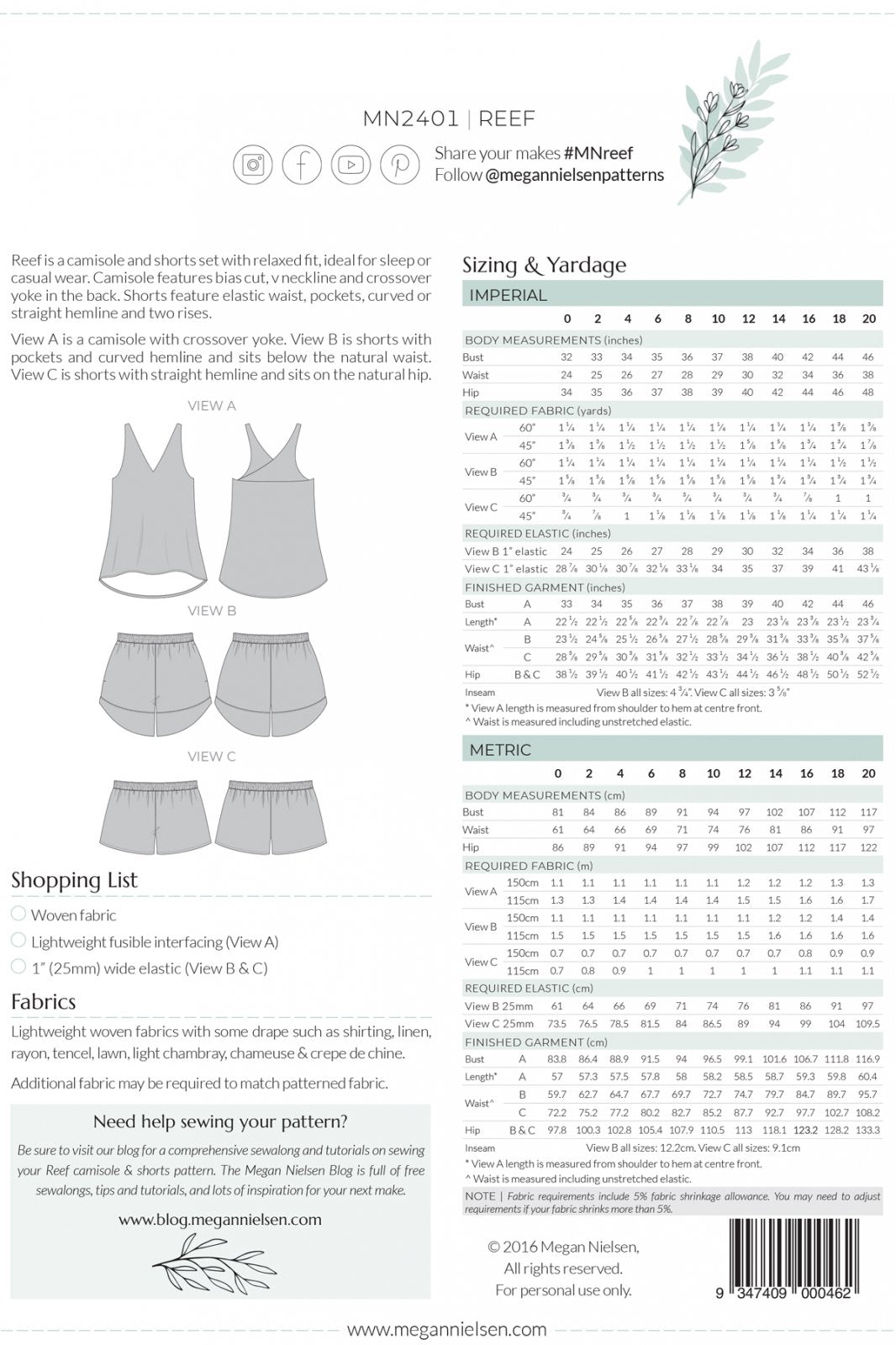 Megan Nielsen Reef sewing pattern camisole and shorts loungewear set with V-neck and elastic waist